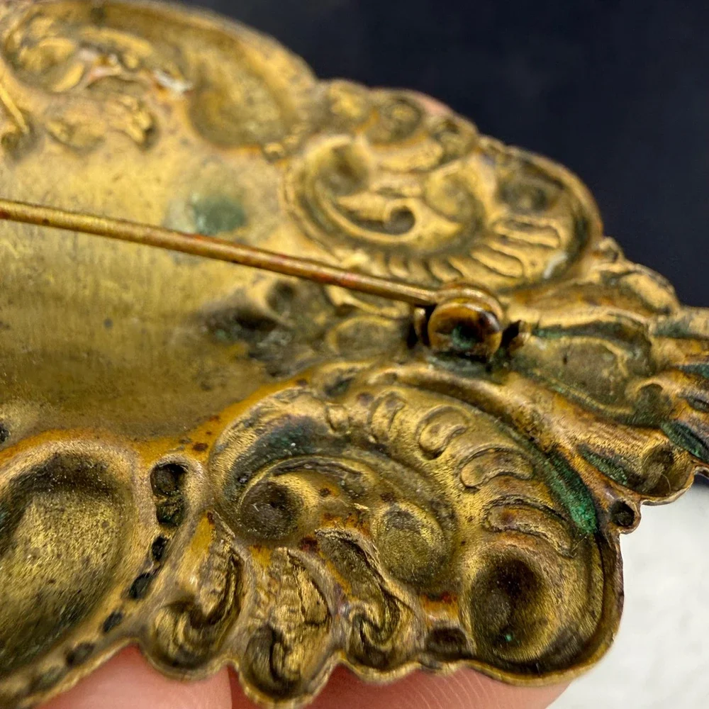 Vintage Floral Repousse Brooch Bronze Tone Large Lotus Statement